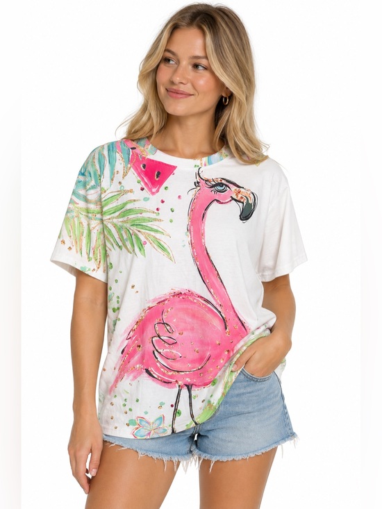 Tops - Pink Flamingo Tropical Graphic White Oversized T-Shirt Large